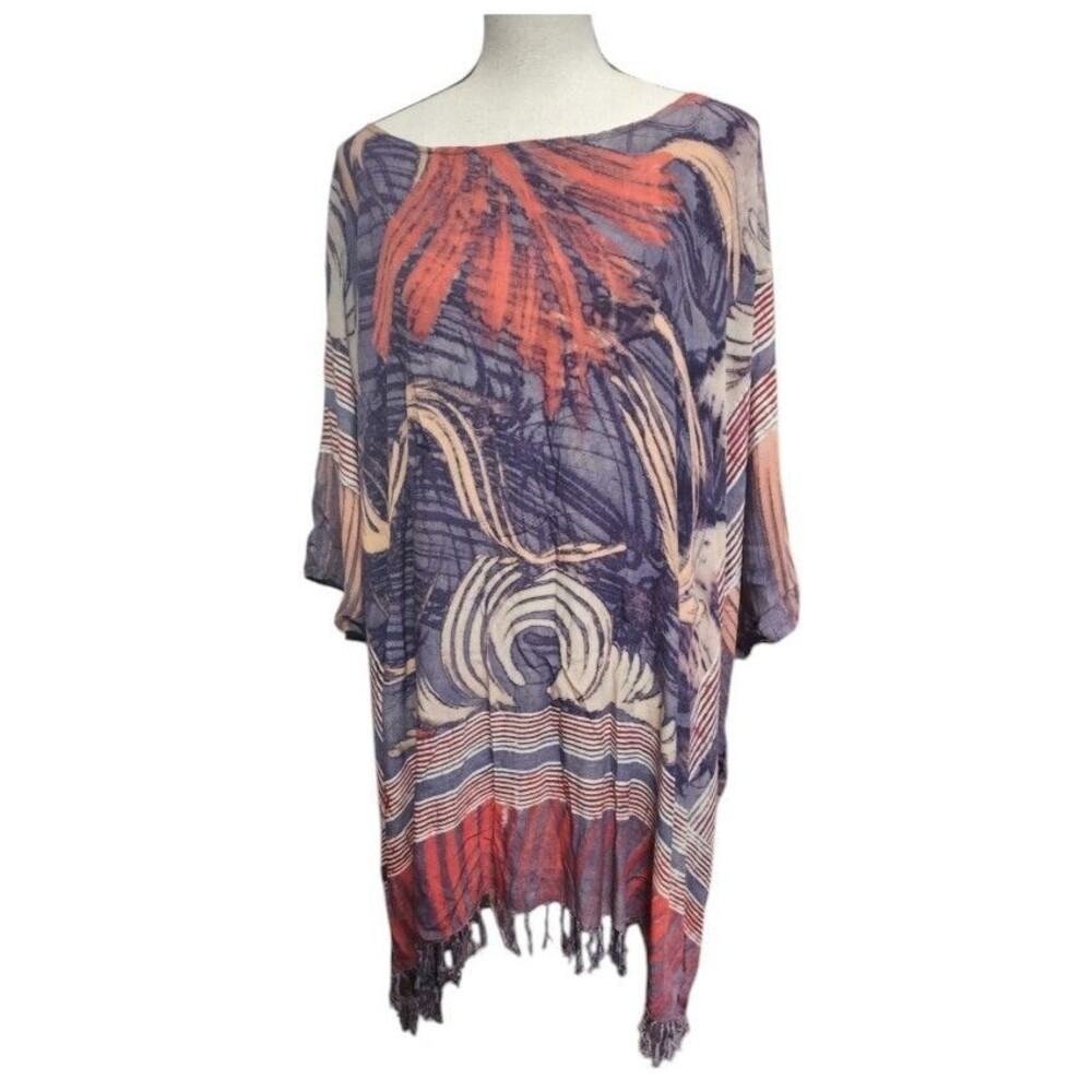 Abstract Print Kaftan Tunic Fringed One Size Boho Flowy Ethnic